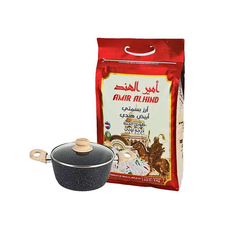 باكج امير الهند ارز بسمتي + قدر جرانيت بمسكات خشب وغطاء زجاجي