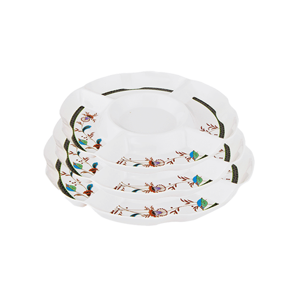 طقم صحون تقديم ميلامين دائرية بأربعة خانات - 3 قطع 