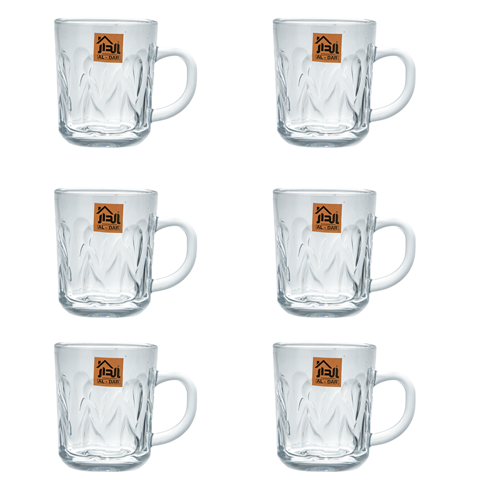 الدار طقم كاسات شاي زجاجية شفافة بمقابض جانبية  - 6 قطع 