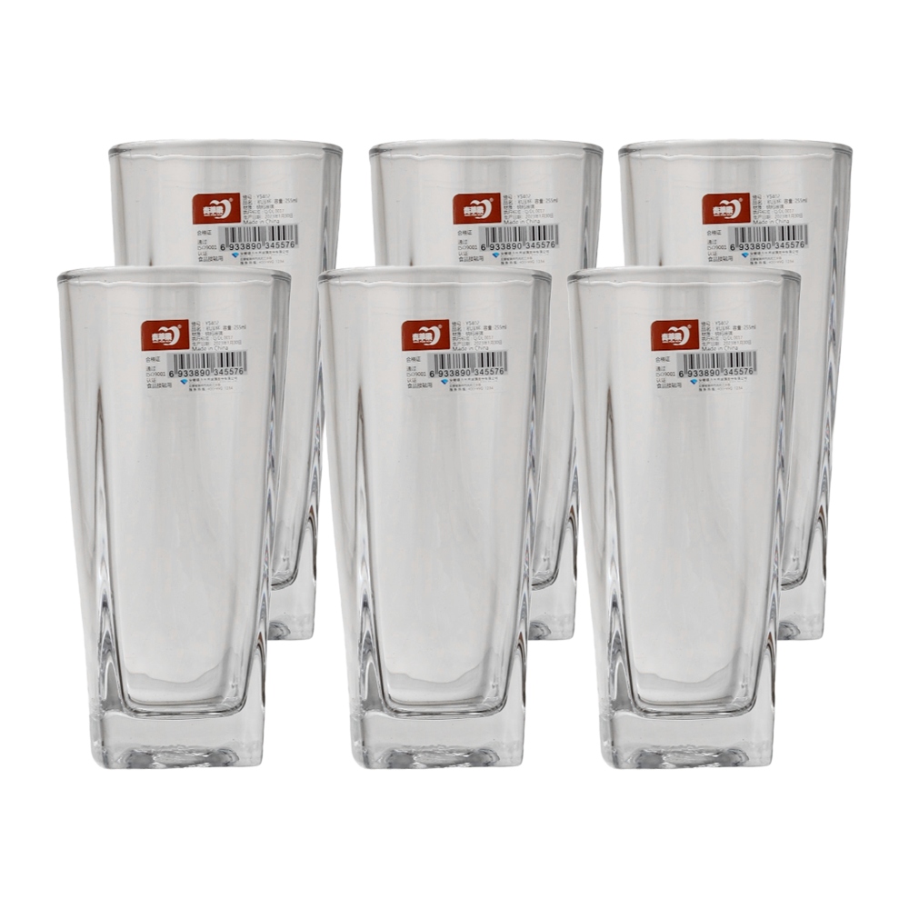  طقم كاسات عصير زجاج شفافة بقاعدة مربع سعة 255 مل  -  6 قطع 