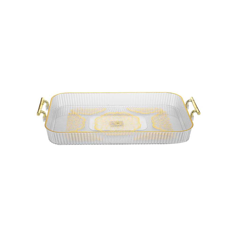 طبق تقديم مستطيل من الاكريلك بمقابض ذهبية - 30*20 سم 
