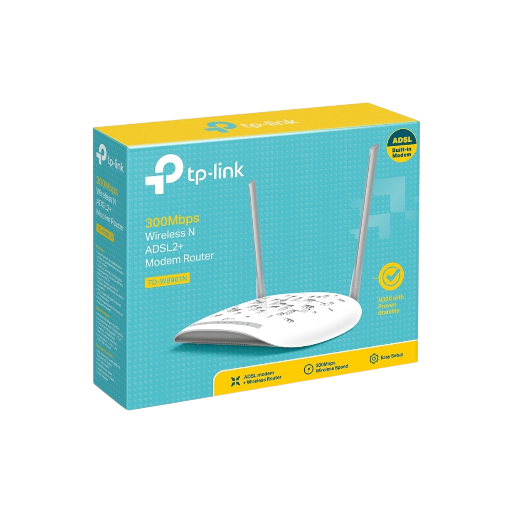 تي بي لينك جهاز توجيه و مودم ADSL2+ لاسلكي 300 ميجابايت موديل TD-W8961N V4 - أبيض 