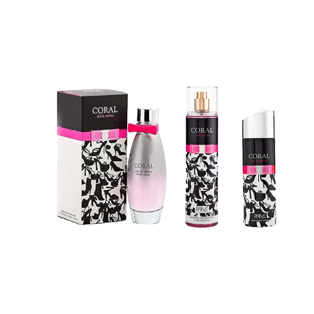 باكج عطور نسائية إمبر كورال عطر نسائي 95مل + بريف كورال معطر جسم نسائي 250مل + بريف كورال بخاخ رائحة جسم نسائي 175مل 