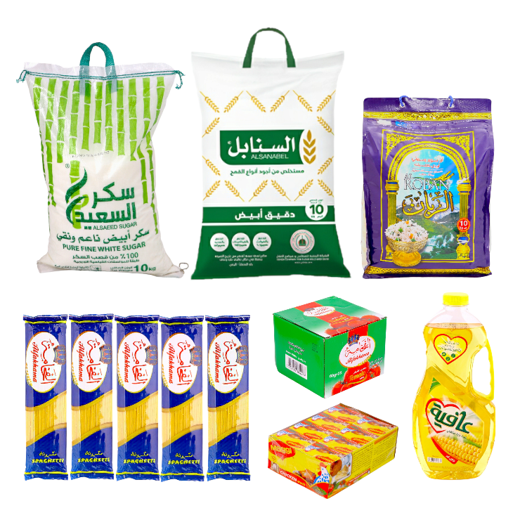 سلة غذائية مكونة من أرز بسمتي الربان 10 كيلو + سكر السعيد 10 كيلو + كيس دقيق أبيض السنابل 10 كيلو + باكت صلصة الفخامة + زيت عافية 1.5 لتر + باكت مرقة ماجي + 5 حبات مكرونة الفخامة إسباجيتي 