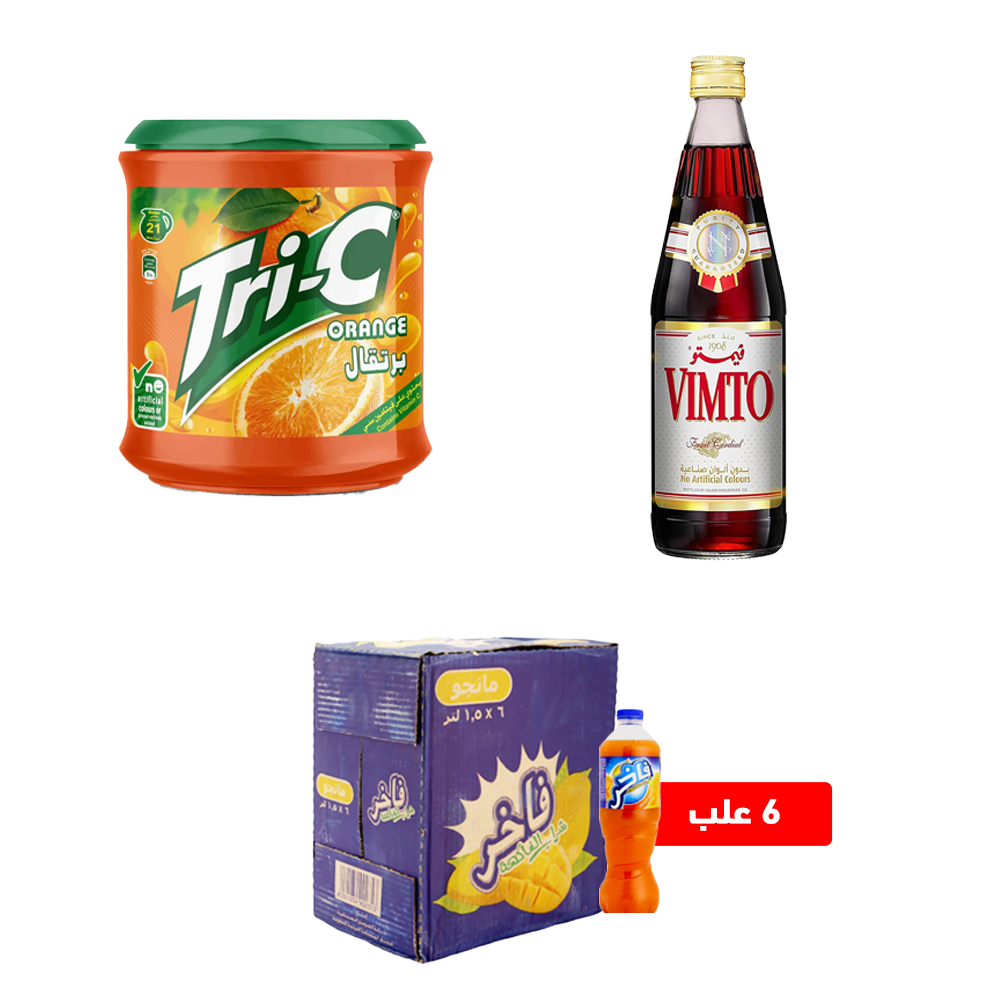 عصير ترايسي بودرة  2 كيلو +شراب فيمتو 710 مل +كرتون عصير فاخر 6 حبات سعة 1.5 لتر