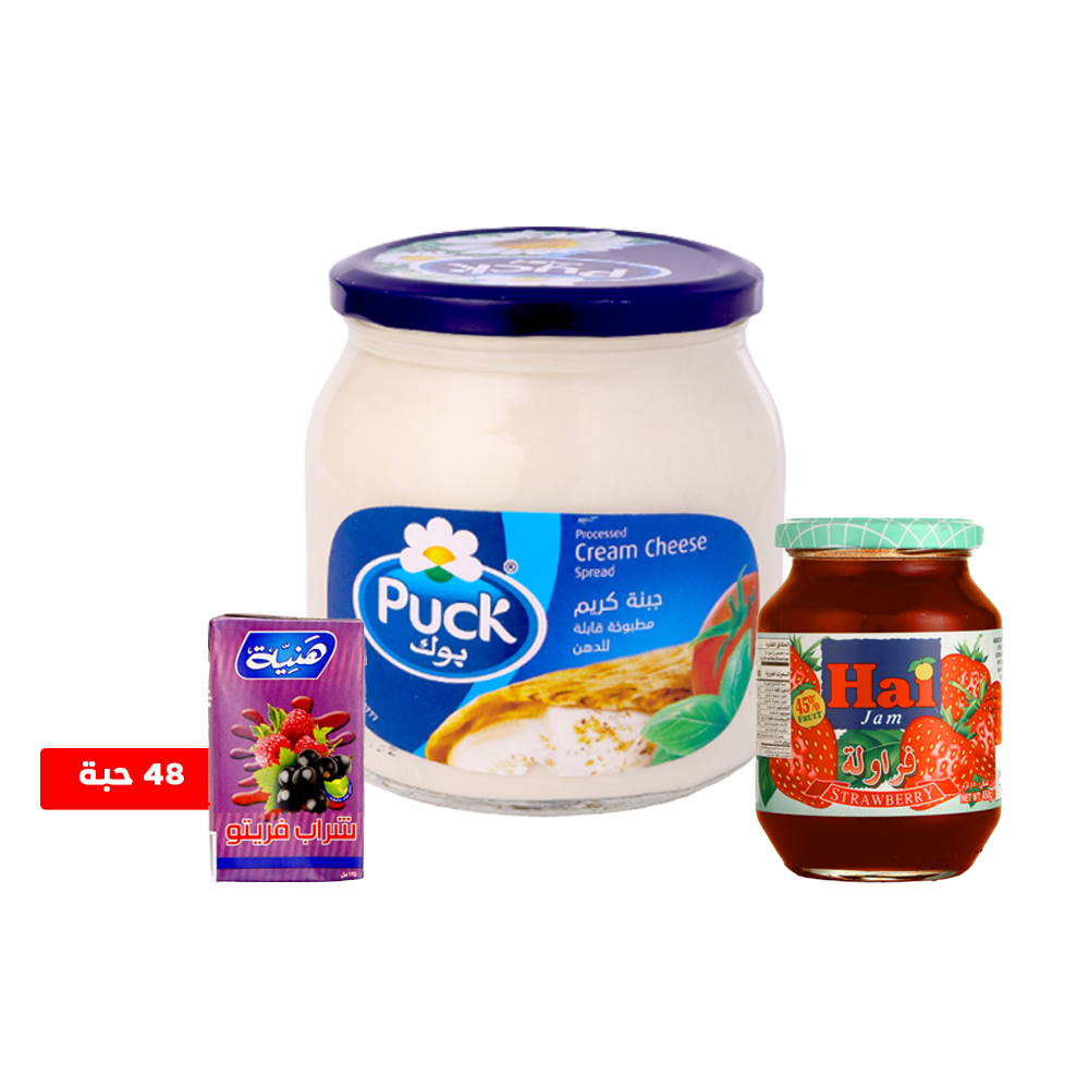 باكج كرتون عصير هنية فريتو 125 مل * 48 حبة + جبنة بوك كريمية 500 جم  + مربى هاي بنكهة الفراولة 450 جم 