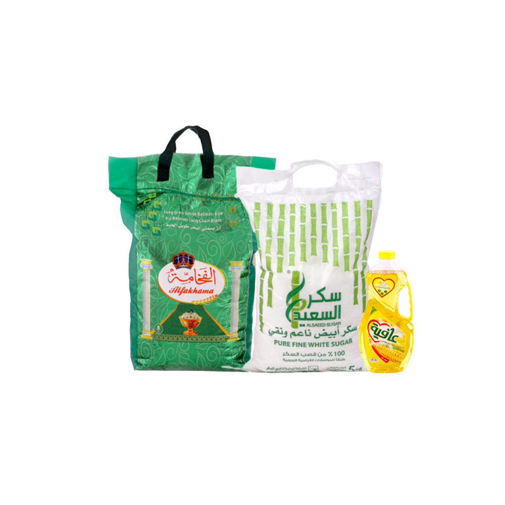 باكج أرز الفخامة بسمتي 5 كيلو +  سكر السعيد 5كيلو +  زيت عافية ذرة صافي 1.5 لتر 