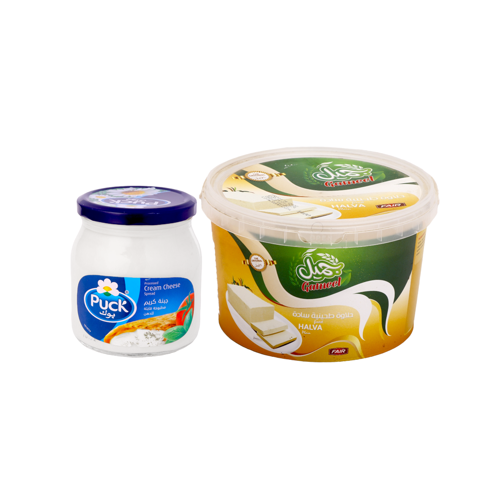 باكج جبنة كريمية مطبوخة قابلة للدهن من بوك 500 جم +  جميل علبة حلاوة طحينية سادة  عبوة 1400جم