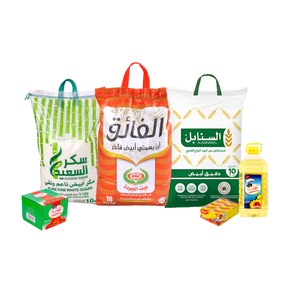 سلة غذائية تتكون من أرز الفائق بسمتي أبيض 10 كجم + دقيق السنابل أبيض 10 كجم + سكر السعيد 10 كجم + زيت الفخامة 5 لتر + باكت مكعبات مرقة ماجي 24 حبة + باكت صلصة الفخامة 70 جم * 25 حبة 
