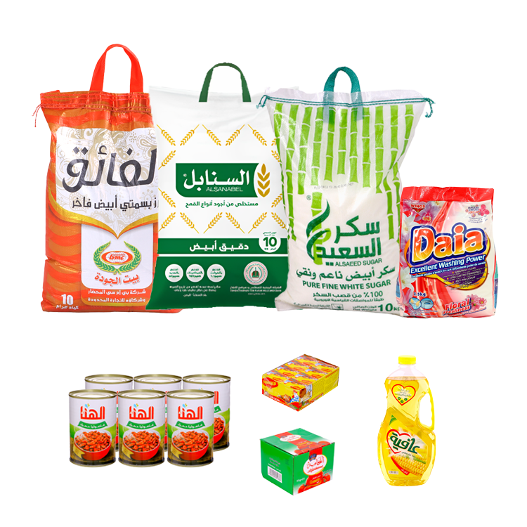 سلة تتكون من أرز الفائق بسمتي أبيض 10 كجم + سكر السعيد 10 كجم + دقيق السنابل أبيض 10 كجم + باكت مكعبات مرقة ماجي 24 حبة + باكت صلصة الفخامة 70 جم * 25 حبة + زيت عافية 1.5 لتر + 6علب فاصوليا الهناء حمراء + صابون غسيل دايا برائحة الورد 2.5 كجم