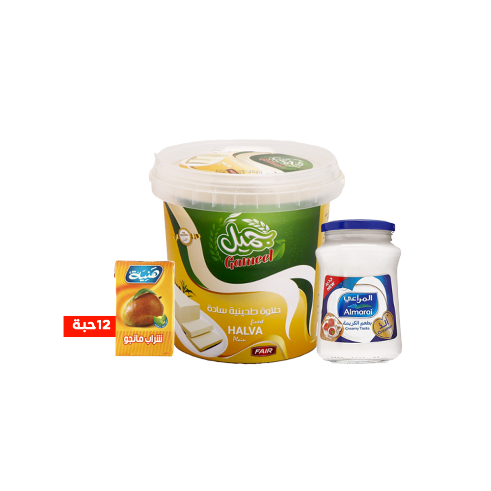 باكج جبنة المراعي سائلة 500 جم + علبة حلاوة طحينية جميل 700 جم + 12 حبة عصير هنية بالمانجو 250 مل 