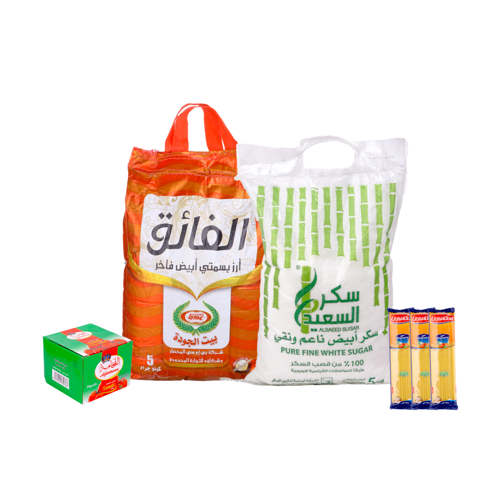 سلة غذائية تتكون من أرز الفائق بسمتي أبيض 5 كجم + باكت صلصة الفخامة 70 جم * 25 حبة + سكر السعيد 5 كجم + 3 حبات مكرونة ليجادور اسباجيتي 