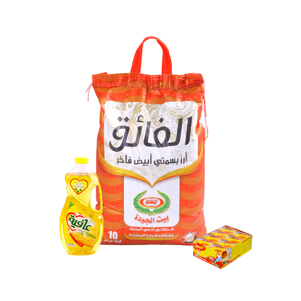 باكج أرز الفائق بسمتي أبيض 10 كجم + زيت عافية 1.5 لتر + باكت مكعبات مرقة ماجي 24 حبة
