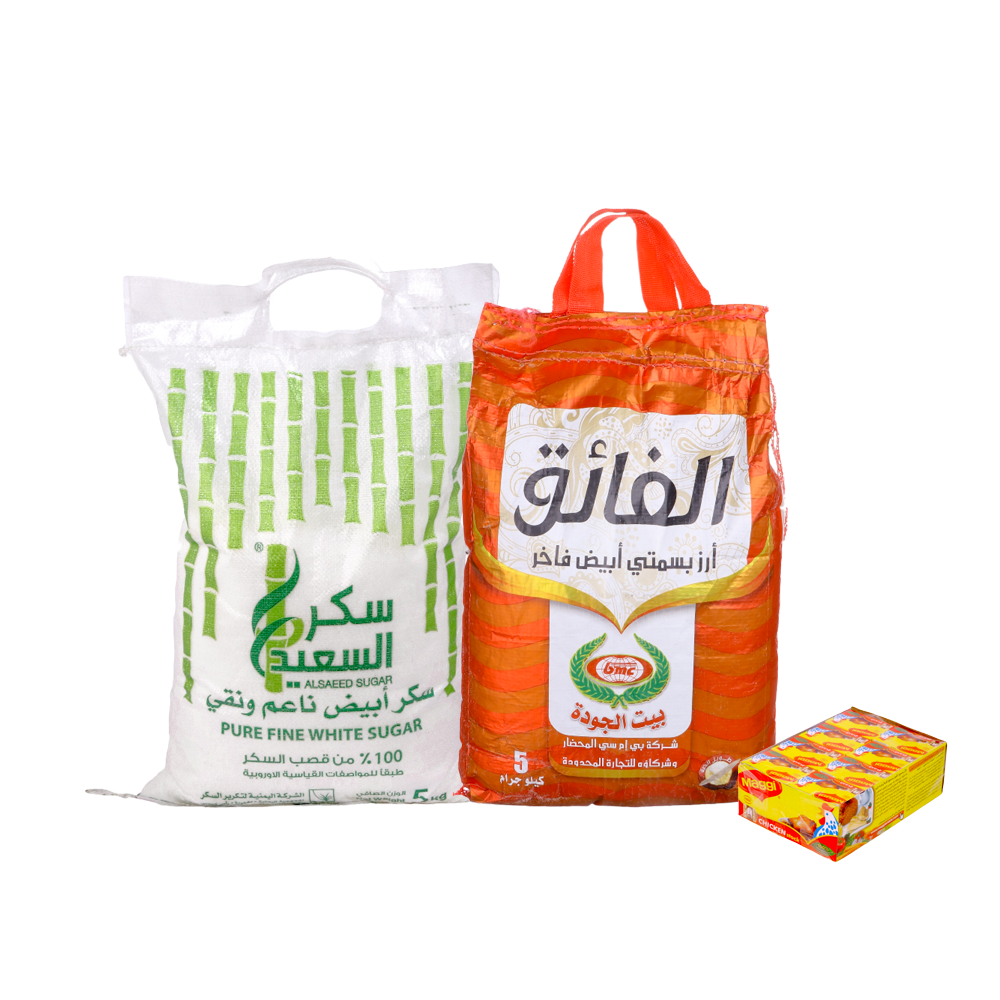 باكج أرزالفائق بسمتي 5 كجم + سكر السعيد 5 كيلو + باكت مكعبات مرقة ماجي24 حبة * 2 مكعب 