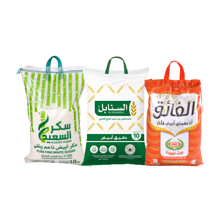 باكج أرز الفائق بسمتي أبيض 10 كجم + دقيق السنابل أبيض 10 كجم + سكر السعيد 10 كجم
