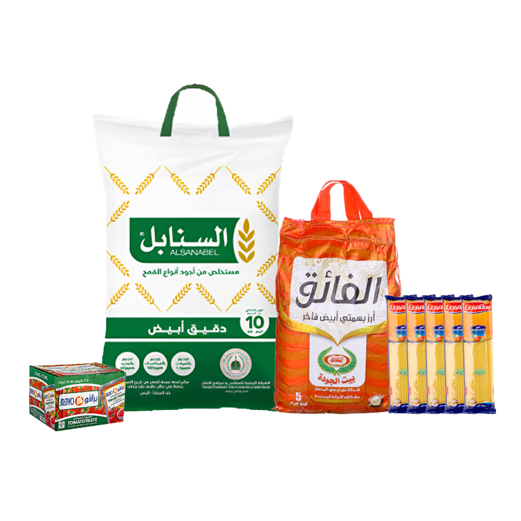 باكج دقيق السنابل أبيض 10كجم +أرز الفائق بسمتي أبيض 5كجم +باكت صلصة الطماطم برافو25 حبة+5 حبات مكرونة ليجادور اسباجيتي 400 جم
