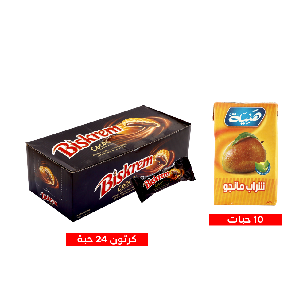 باكج كرتون بسكويت بيسكريم بالكاكاو حجم صغير 40 جم * 24 حبة + 10 حبات عصير هنية بالمانجو سعة 250 مل 