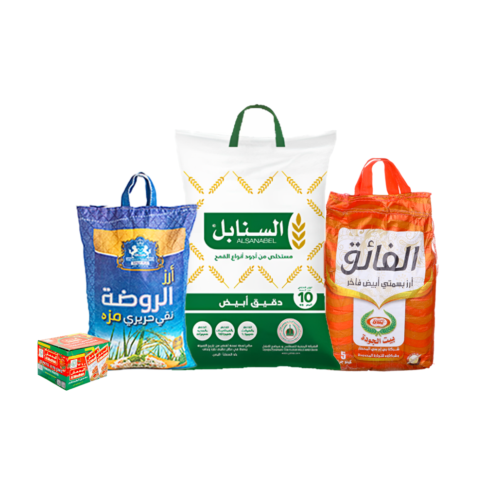 باكج أرز الفائق بسمتي أبيض 5 كجم + أرز الروضة مزة 5 كجم + باكت صلصة المدهش 25 حبة + دقيق السنابل 10 كجم 