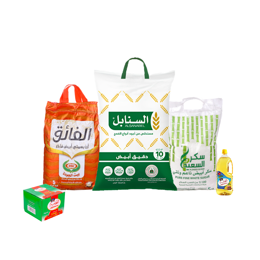 سلة غذائية تتكون من أرز الفائق بسمتي أبيض 5 كجم + سكر السعيد 5 كجم + دقيق السنابل أبيض 10 كجم + باكت صلصة الفخامة 70 جم * 25 حبة + زيت الفخامة 3 لتر