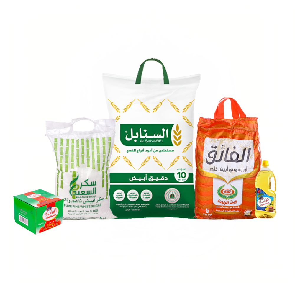 باكج الفخامة زيت راقي 3 لتر + باكت صلصة الطماطم الفخامة 70جم + دقيق السنابل أبيض 10 كجم + سكر السعيد 5كيلو + الفائق أرز بسمتي أبيض 5 كجم