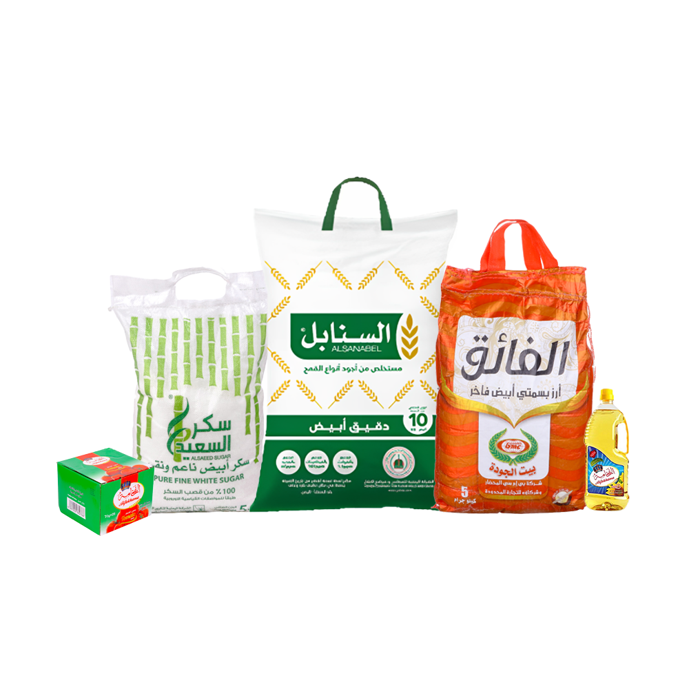 باكج دقيق السنابل أبيض 10 كجم + الفخامة زيت راقي 3 لتر + باكت صلصة الفخامة 70 جم + سكر السعيد 5كجم+ الفائق أرز بسمتي 5 كجم
