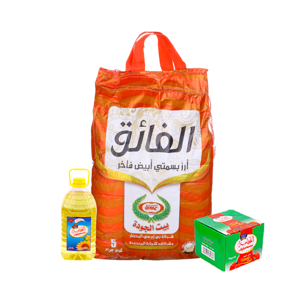باكج أرز الفائق بسمتي أبيض 5 كجم + باكت صلصة الفخامة 70 جم * 25 حبة + زيت دوار الشمس الفخامة 4 لتر