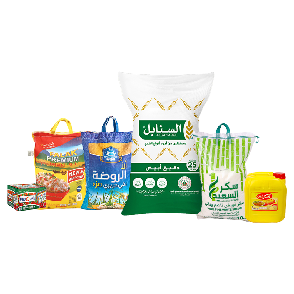 باكج أرز فلك بسمتي أبيض 10 كجم + أرز الروضة مزة 10 كجم + دقيق السنابل أبيض 25 كجم + زيت كريم نباتي 8 لتر + باكت صلصة برافو 70 جم * 25 حبة + سكر السعيد 10 كجم