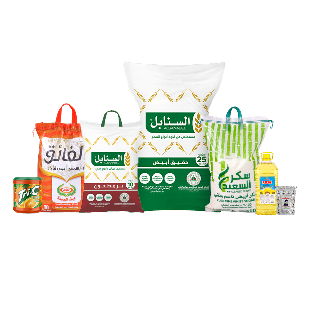 باكج أرز الفائق بسمتي أبيض 10 كجم + بر السنابل أسمر 10 كجم + دقيق السنابل أبيض 25 كجم + زيت دوار الشمس راقي 5 لتر + سكر السعيد 10 كجم + شاي الكبوس أسود 500 جم + شراب ترايسي بودرة بنكهة البرتقال 2 كجم 