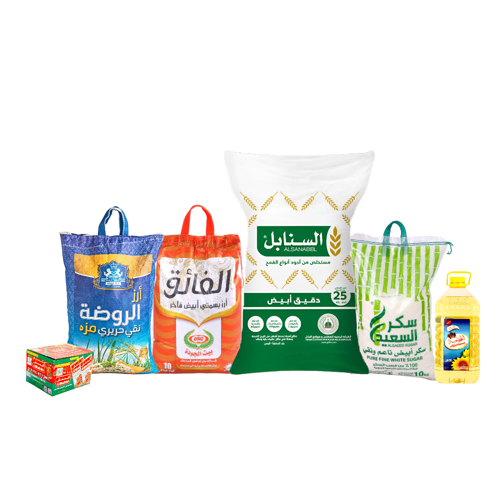 باكج الروضة أرز مزة 10 كجم + الفائق أرز بسمتي 10 كجم + السنابل دقيق أبيض 25 كيلو+ الفخامة زيت 5 لتر+ كرتون صلصة المدهش 25*70جم + السعيد سكر 10 كيلو 