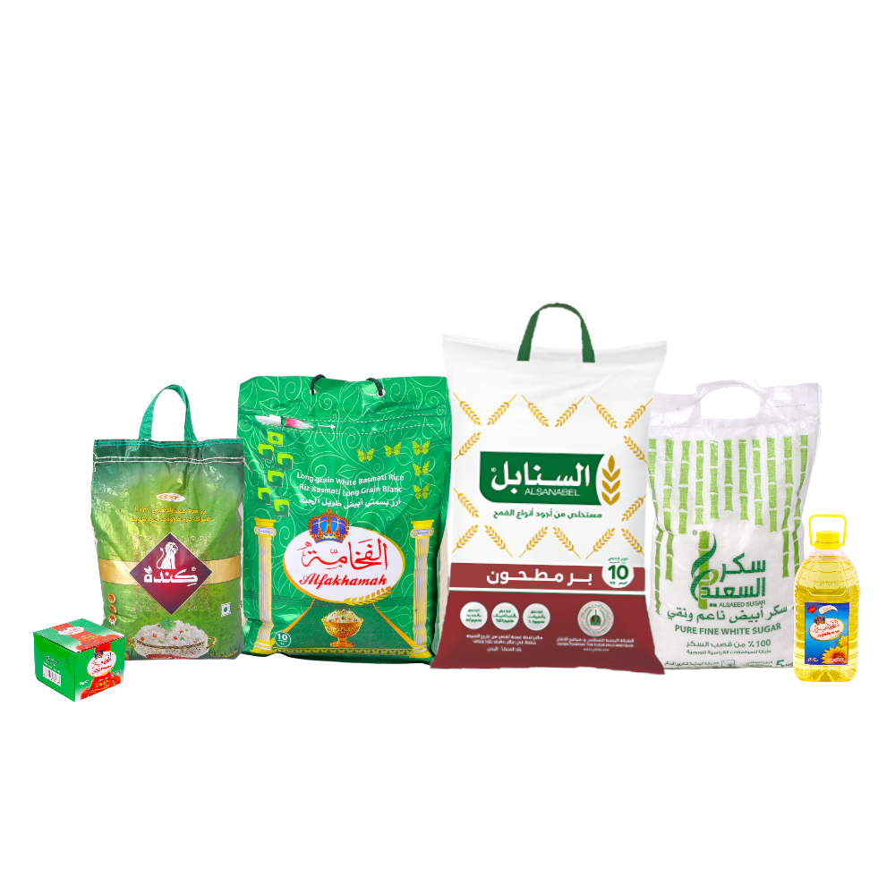 باكج كندة الذهبي أرز مزة 10 كجم + الفخامة أرز بسمتي10 كجم + باكت صلصة الفخامة 70 جم * 25 حبة + السنابل برأسمر 10 كيلو+ الفخامة زيت 4 لتر+ السعيد سكر 5 كيلو