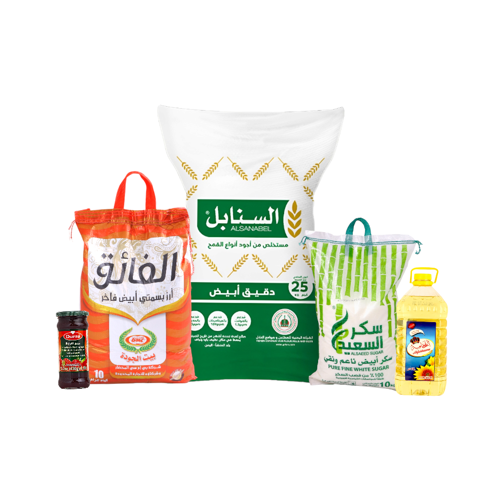 باكج الفائق أرز بسمتي 10 كجم + السنابل دقيق أبيض 25 كجم + الفخامة زيت 5لتر+ درة مربى بنكهه الفراولة 430 جرام + السعيد سكر 10 كجم