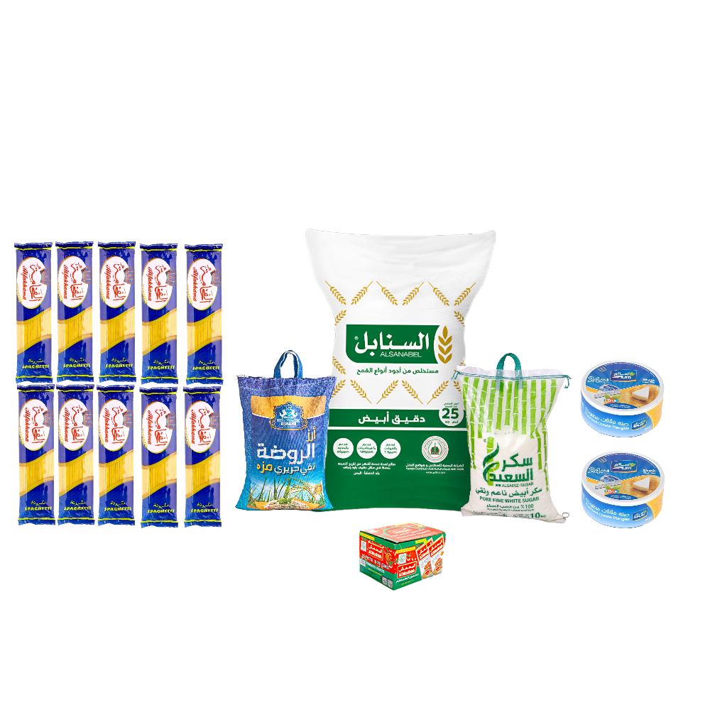 باكج الروضة أرز مزة 10 كجم + السنابل دقيق أبيض 25 كيلو + 10 حبات الفخامة مكرونة 400 جم  + السعيد سكر أبيض 10 كيلو + 2 باكتات جبنة سالم 24 حبة + كرتون صلصة المدهش عبوة 25*70جم