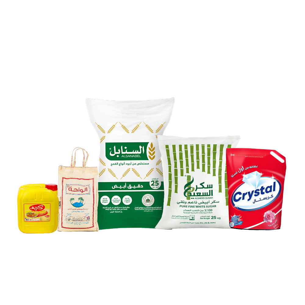  باكج الواحة أرز بسمتي 10 كجم + السنابل دقيق أبيض 25 كيلو+ السعيد سكر أبيض 25 كيلو+كريم زيت 8 لتر+كريستال صابون غسيل   2.3 كيلو 