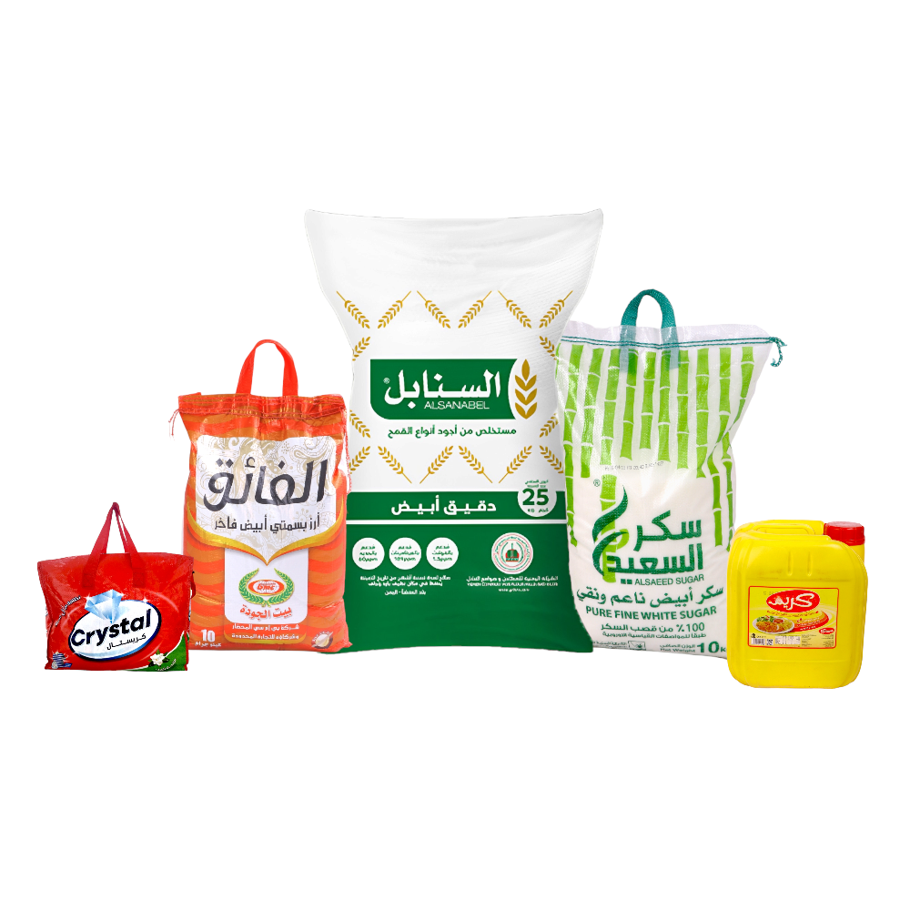 باكج  زيت كريم 8 لتر + السنابل دقيق أبيض 25 كيلو + الفائق أرز بسمتي 10 كجم+ كريستال شنطة صابون 100جم ×48 كيس + السعيد سكر أبيض 10 كجم