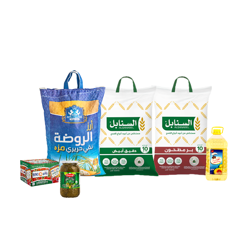 باكج الروضة أرز مزة 10 كجم + درة كبيس ورق عنب 1260جرام + السنابل بر أسمر 10 كيلو+ الفخامة زيت 5 لتر + السنابل دقيق أبيض 10 كيلو + برافو باكت صلصة الطماطم 70 جم * 25 حبة