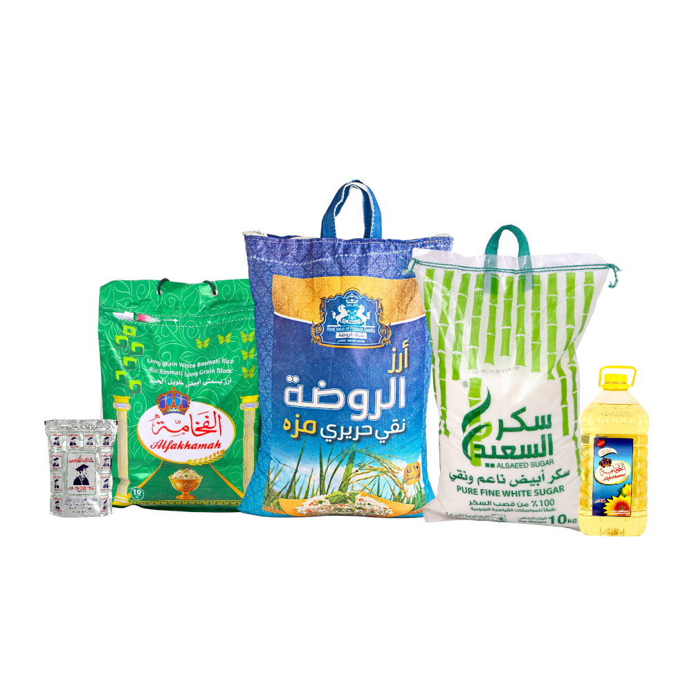 باكج الفخامة أرز بسمتي10 كجم+ الروضة أرز مزة 10 كجم+ السعيد سكر أبيض 10 كيلو + الفخامة زيت 5 لتر+ الكبوس شاي أسود 500 جرام 