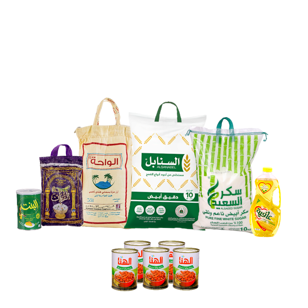  باكج الربان أرز بسمتي 5 كجم + الواحة أرز بسمتي 5 كجم  + 5 حبات  فاصوليا  الهناء 400 جم+ السنابل دقيق أبيض 10 كيلو  + البنت سمن 900 جرام  + السعيد سكر أبيض 10 كيلو+ عافية زيت 1.5 لتر 