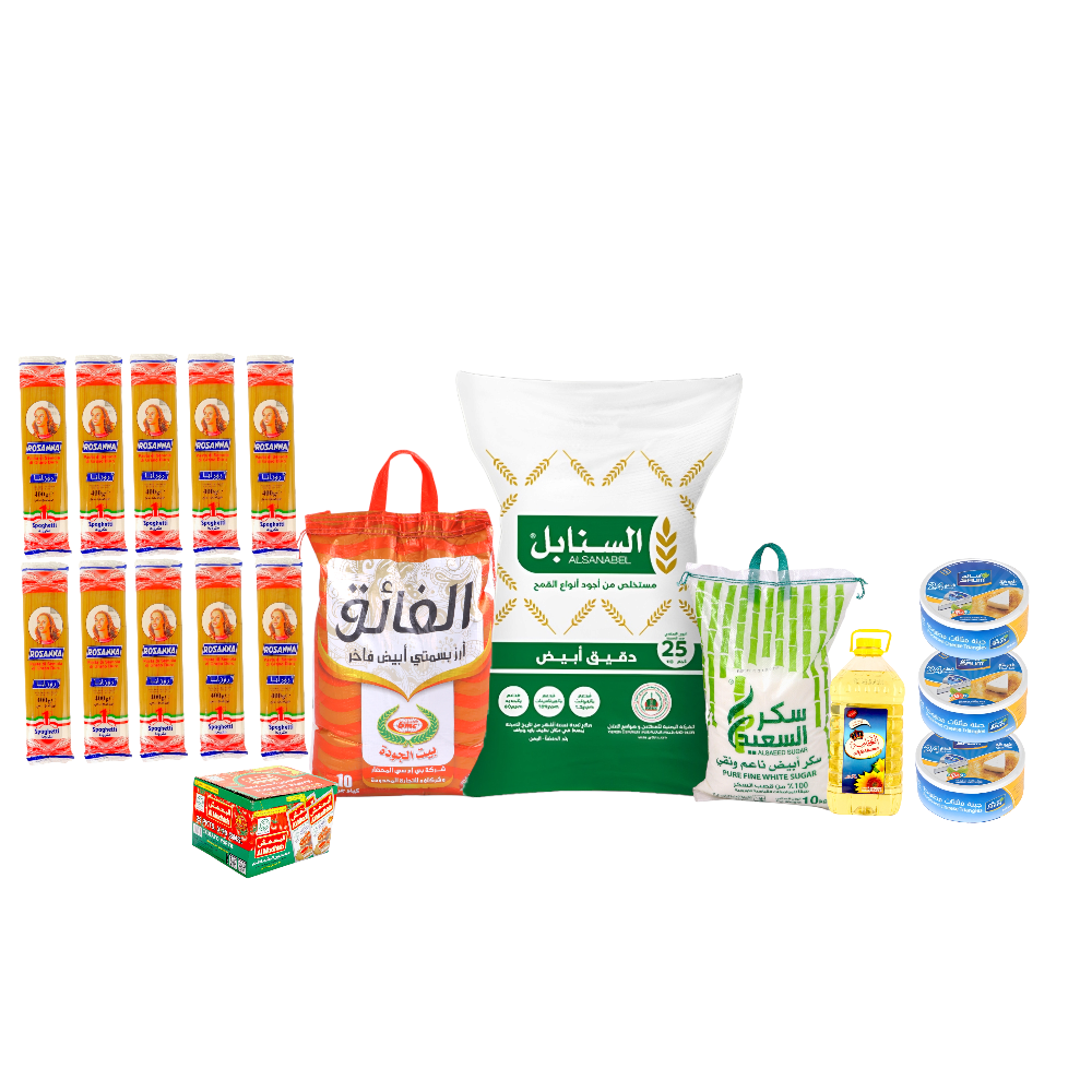 باكج الفائق أرز بسمتي 10 كجم + 10 حبات روزانا مكرونة 400 جم + السنابل دقيق أبيض 25 كيلو + السعيد سكر أبيض 10 كيلو + الفخامة زيت 5 لتر +3 باكتات جبنة سالم 24 حبة +كرتون صلصة المدهش عبوة 25*70جم