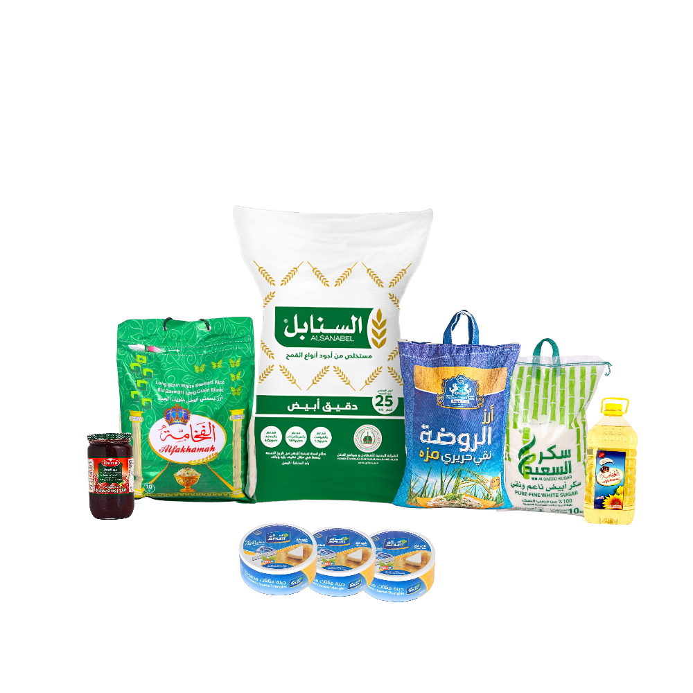  باكج مربى درة  875 جرام+ الروضة أرز مزة 10 كجم+ الفخامة أرز بسمتي10 كجم + الفخامة زيت 5 لتر  + السعيد سكر أبيض 10 كيلو + السنابل دقيق أبيض 25 كيلو+3 باكتات جبنة سالم 24 حبة 