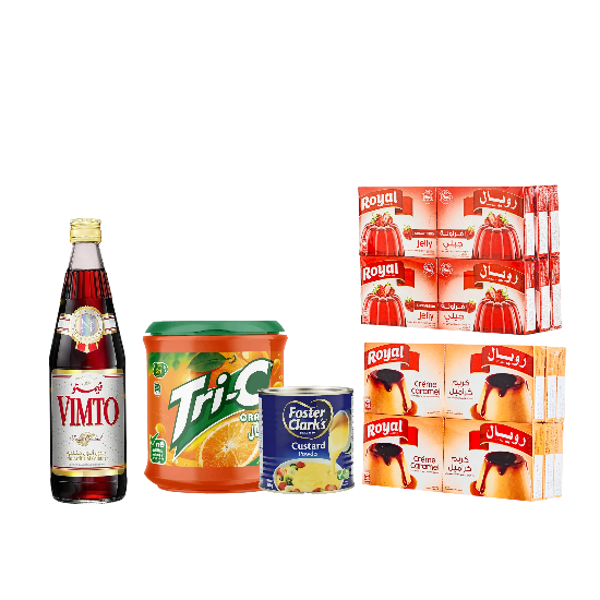باكج رويال جيلي بالفراولة 12 حبة + رويال كريم الكراميل 12 حبة + ترايسي شراب برتقال 2 كيلو + فيمتو شراب بالتوت 710 مل + كاسترد  مهلبية 450 جرام 