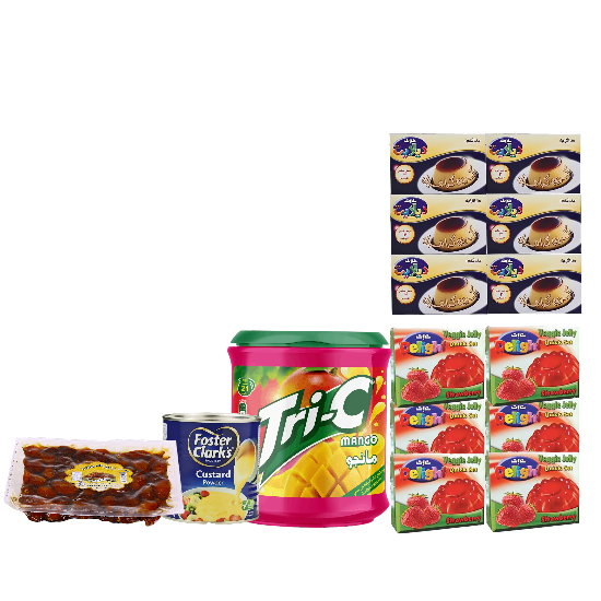 باكج ديلايت جيلي بالفراولة 12 حبة + ديلايت كريم كراميلا 12 حبة + كاسترد مهلبية 450 جرام + ترايسي شراب مانجو 2 كيلو + تمر نخيل المملكه 900جرام