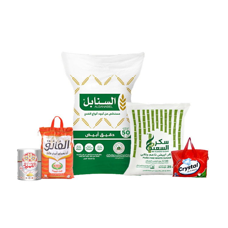  باكج شنطة صابون كريستال 48 كيس + السنابل دقيق أبيض 50 كيلو + القمرية سمن نباتي 3 كيلو + السعيد سكر أبيض 25 كيلو + الفائق أرز بسمتي 10 كجم