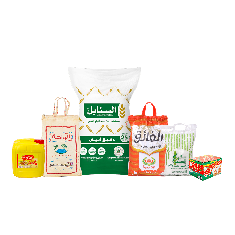  باكج الفائق أرز بسمتي 10 كجم + الواحة أرز مز بسمتي 10 كجم + السنابل دقيق أبيض 25 كيلو + السعيد سكر أبيض 5 كيلو + كريم زيت نباتي 8 لتر + كرتون صلصة المدهش 70جم 