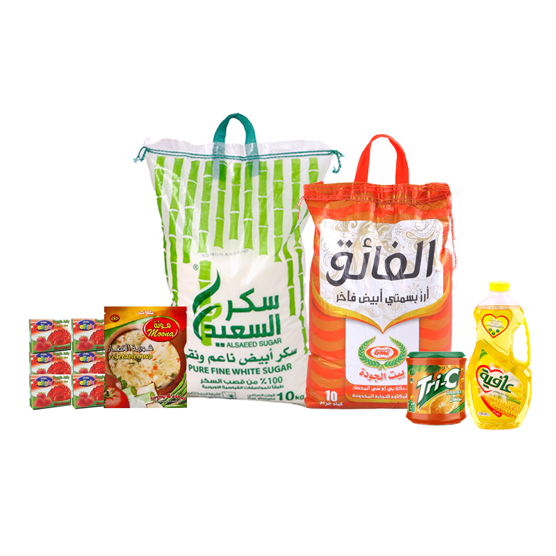 باكج الفائق أرز بسمتي 10 كجم + عافية زيت 1.5 لتر+ ديلايت جيلي بنكهه الفراولة نباتي 12 حبة + مونه شوربه بنكهه الخضار + السعيد سكر أبيض 10 كيلو + ترايسي شراب برتقال بودرة - 2 كيلو