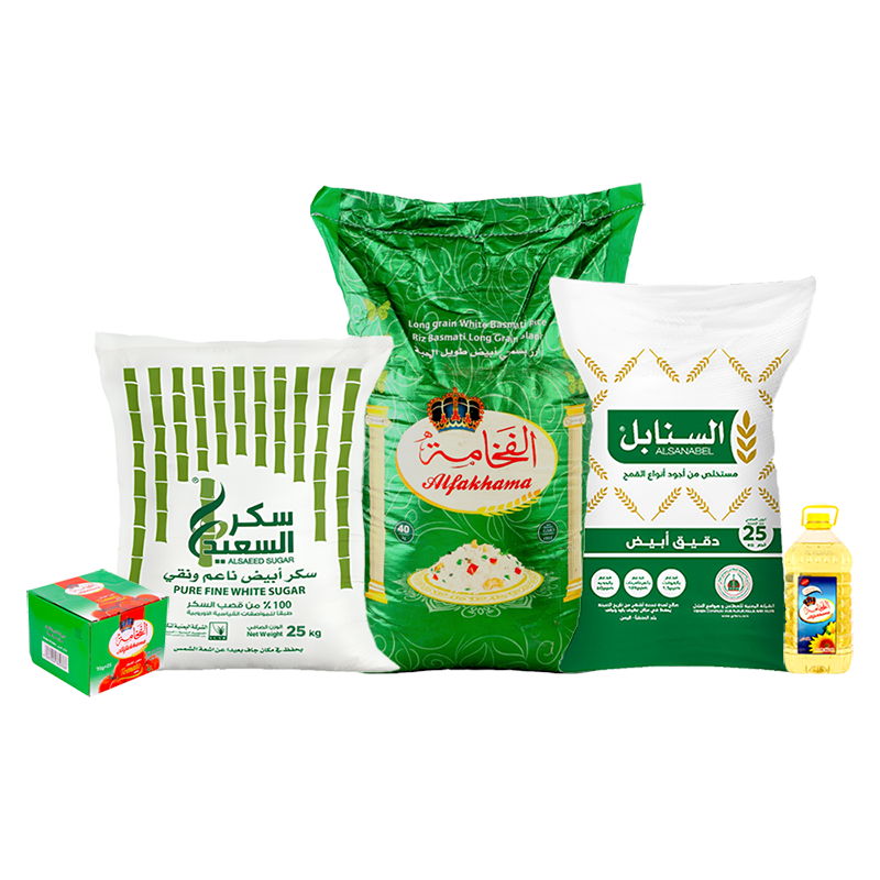  باكج أرز الفخامة بسمتي 40 كجم + سكر السعيد أبيض 25 كجم+ دقيق السنابل أبيض 25 كجم+ زيت الفخامة 5 لتر + باكت صلصة الفخامة 70 جم 