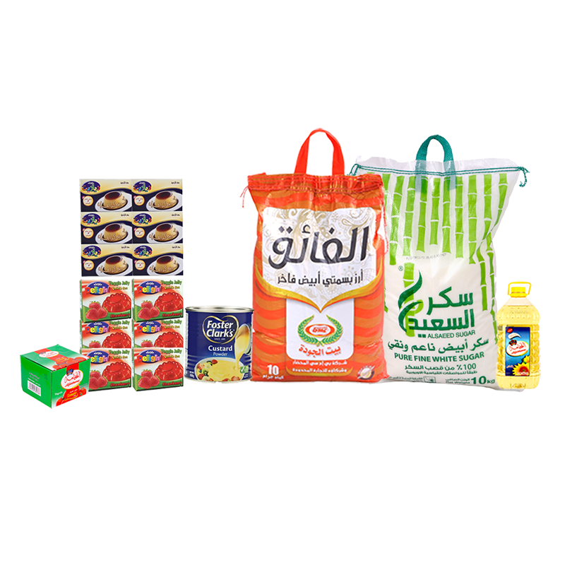  باكج أرز الفائق بسمتي 10 كجم +زيت الفخامة 5 لتر + باكت صلصة الفخامة 70 جم+ سكر السعيد أبيض 10 كجم + 12 حبة جيلي ديلايت بالفراولة + 12 حبة ديلايت كريم كراميلا + كاسترد بودرة مهلبية 450 جم 