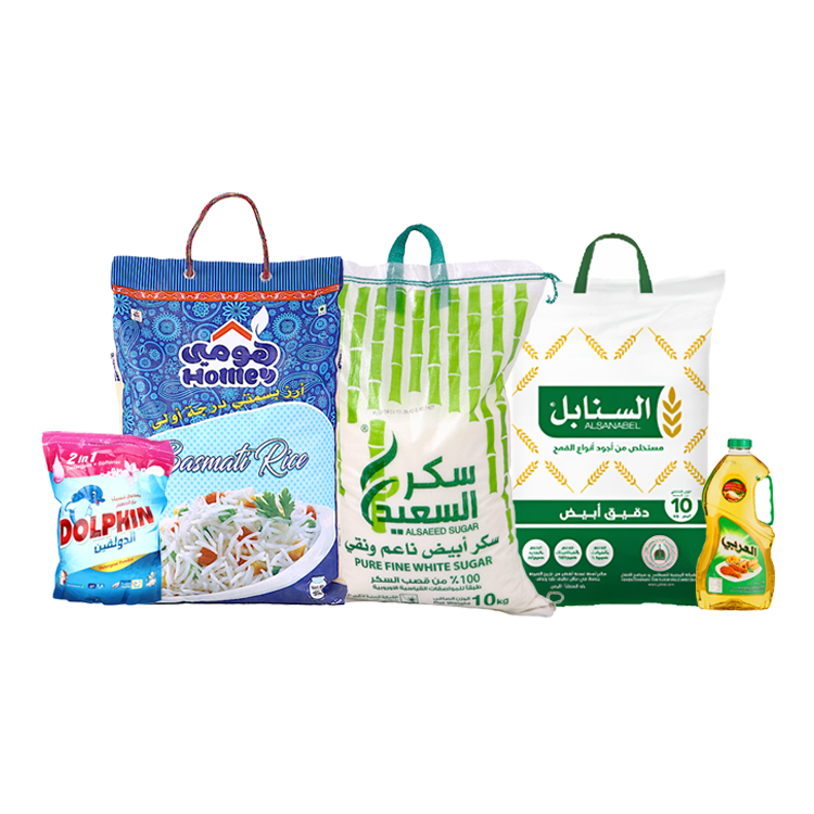  باكج أرز هومي بسمتي 5 كجم + زيت العربي 2.9 لتر + سكر السعيد أبيض 10 كجم + دقيق السنابل أبيض 10 كجم + الدولفين مسحوق غسيل ملابس 2.5 كجم 