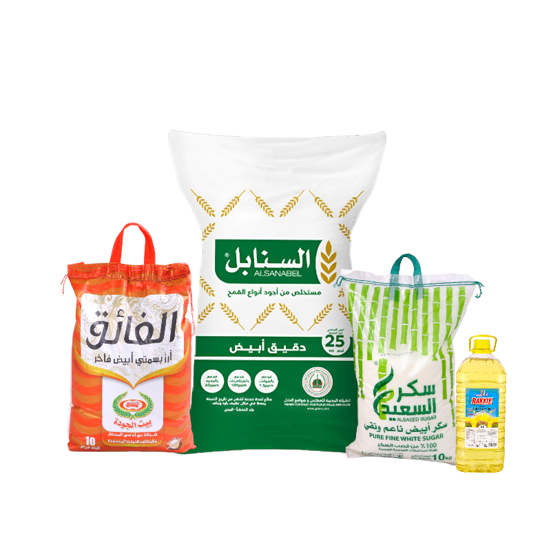 باكج أرز الفائق بسمتي 10 كجم + دقيق السنابل أبيض 25 كجم + زيت راقي 5 لتر + سكر السعيد أبيض 10 كجم 