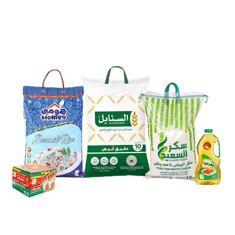  باكج أرز هومي بسمتي 5 كجم +زيت العربي 2.9 لتر + سكر السعيد أبيض 10 كجم + دقيق السنابل أبيض 10 كجم +كرتون صلصة المدهش 70جم 