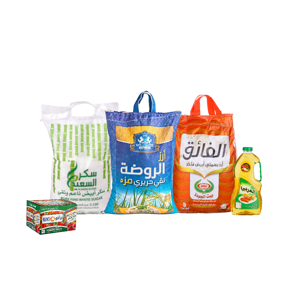 باكج أرز الفائق بسمتي 5 كجم +أرز الروضة مزة 5 كجم + زيت العربي2.9 لتر + سكر السعيد أبيض 5 كجم + باكت صلصة برافو 70 جم